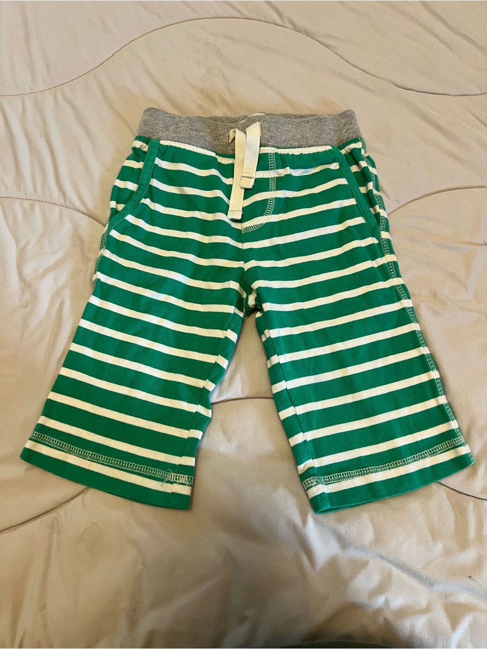 Mini Boden Green and White Striped Kids Shorts with Grey Waistband